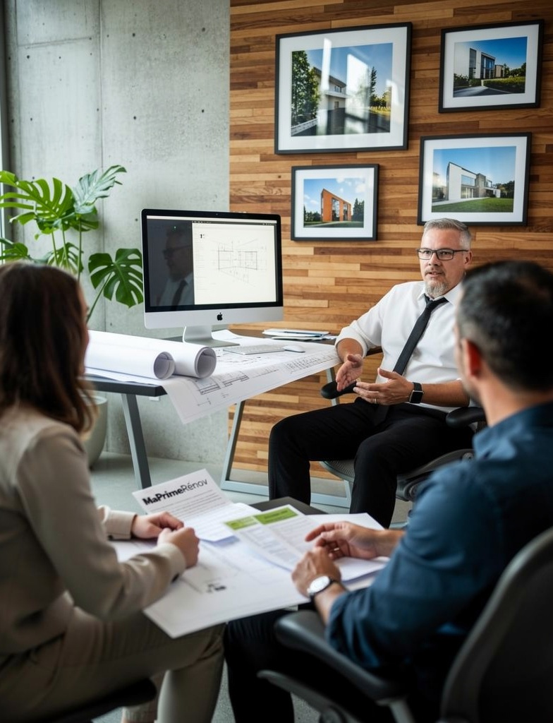 Architecte DPLG conseillant un client sur les aides MaPrimeRénov' 2026 pour financer des travaux de rénovation énergétique