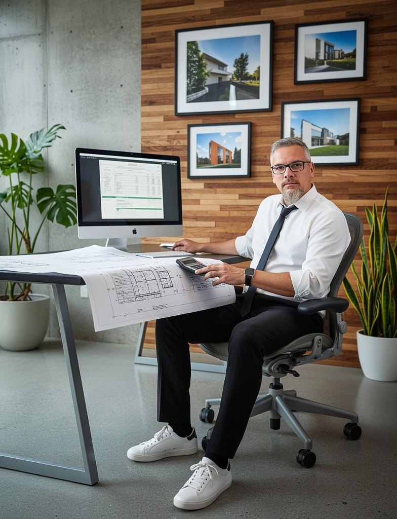 Architecte présentant un devis d'honoraires et un budget prévisionnel à un client — préparation d'un projet de construction ou de rénovation