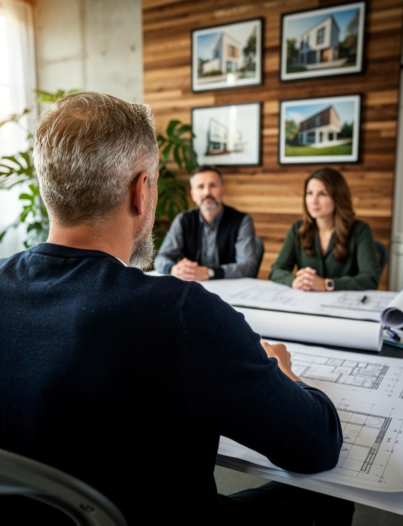 Architecte DPLG en consultation avec des clients particuliers — premier rendez-vous de cadrage de projet architectural