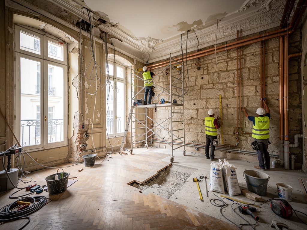 Chantier de rénovation lourde d'un appartement à Paris ou en Île-de-France — gros œuvre, remise à nu et redistribution des pièces