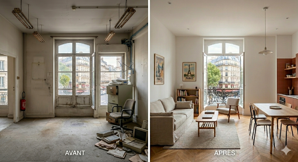 Avant-après : transformation d'un plateau de bureaux parisien en appartement rénové — logement vacant remis sur le marché à Paris