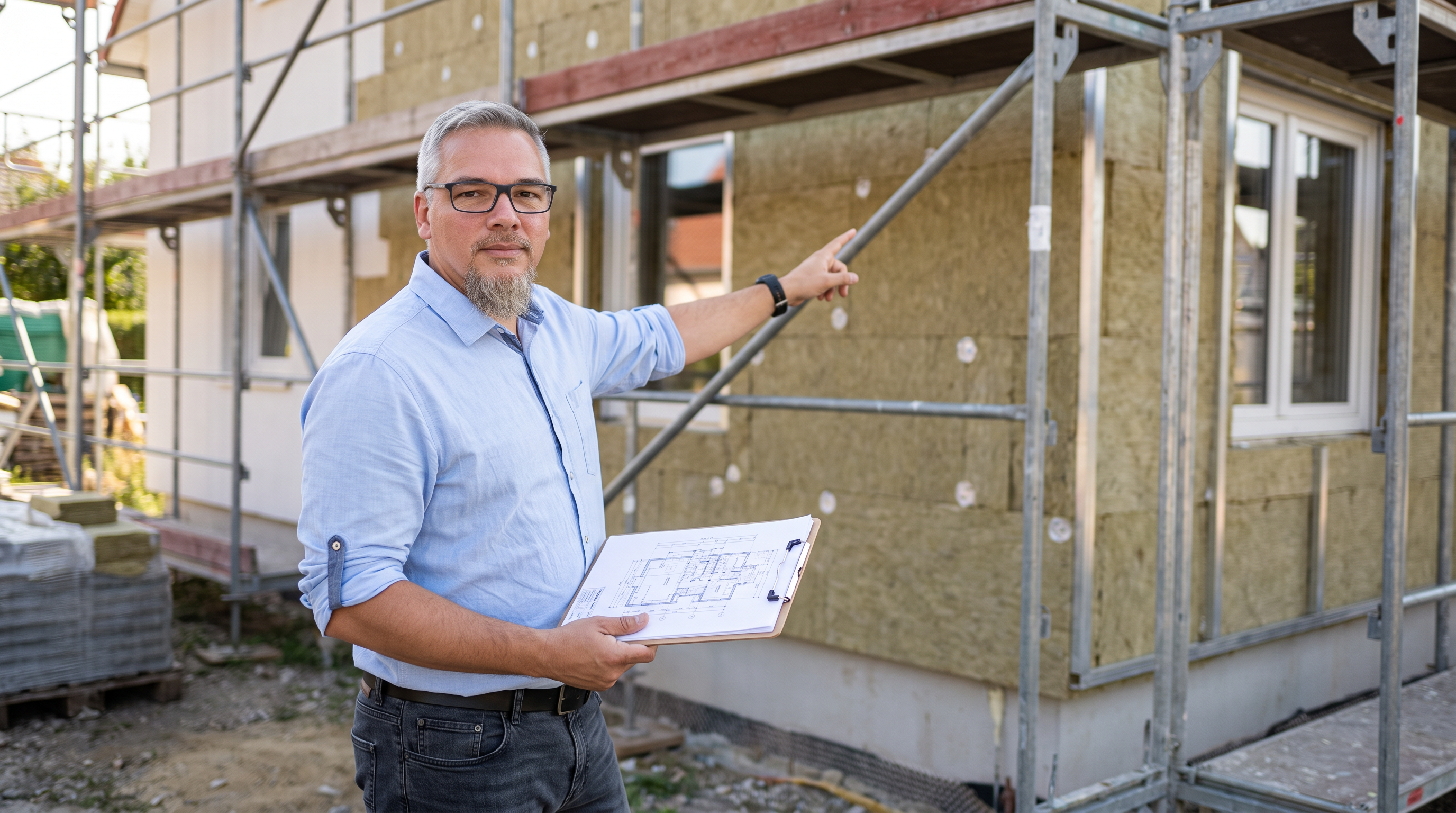 Architecte sur un chantier d'isolation thermique par l'extérieur (ITE) d'une maison en rénovation énergétique